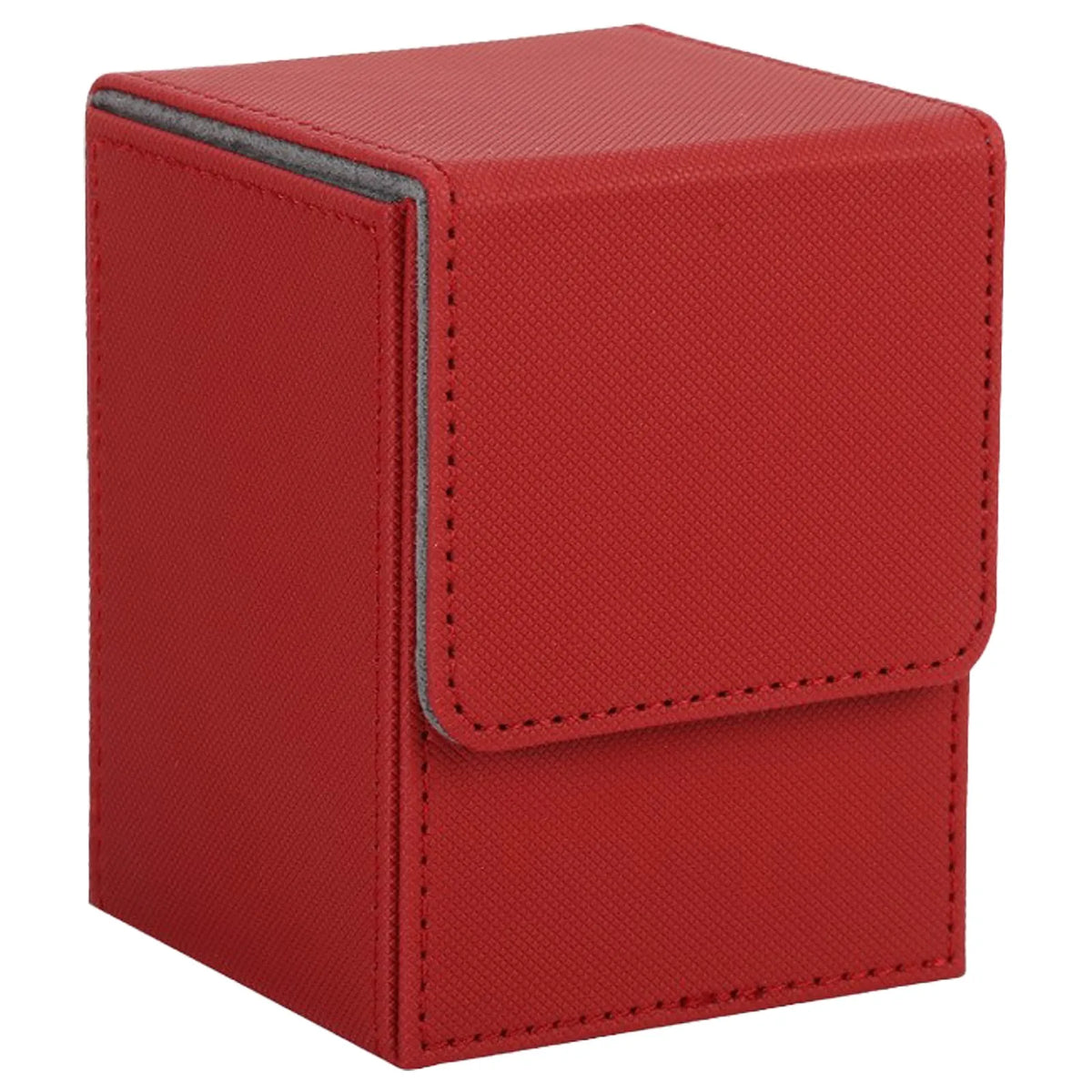 A red leather deck box with a hinged lid, designed to hold trading cards.