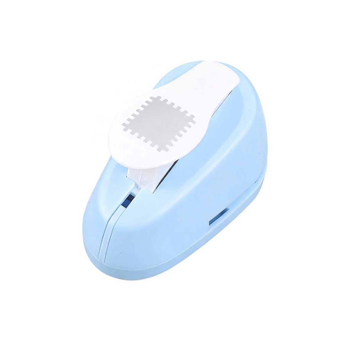 Light blue lever action embosser tool with a white embossing plate for scrapbooking and card making