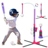 A purple and pink 3-in-1 kids baseball toy set featuring a bat, helmet, adjustable stand, and auto launcher.