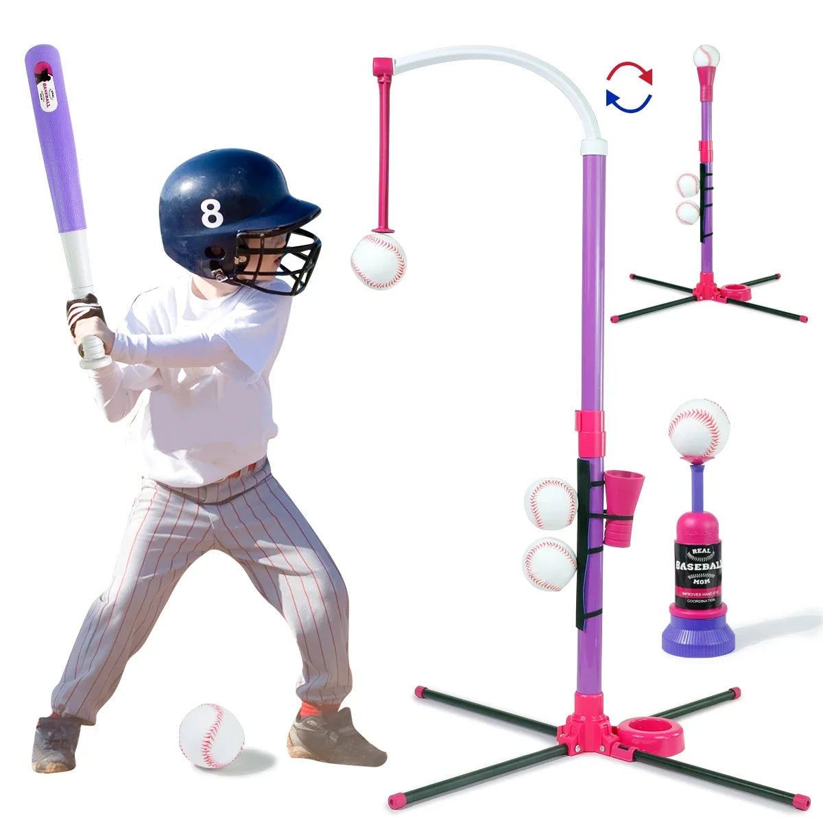A purple and pink 3-in-1 kids baseball toy set featuring a bat, helmet, adjustable stand, and auto launcher.