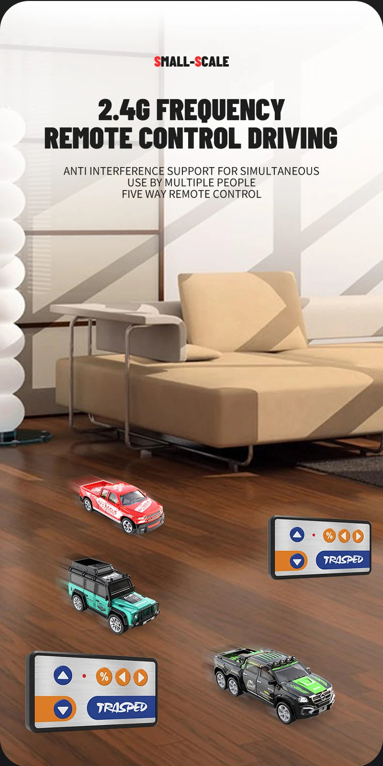 A remote control car is shown on a wooden floor, demonstrating the 2.4G frequency remote control driving feature.