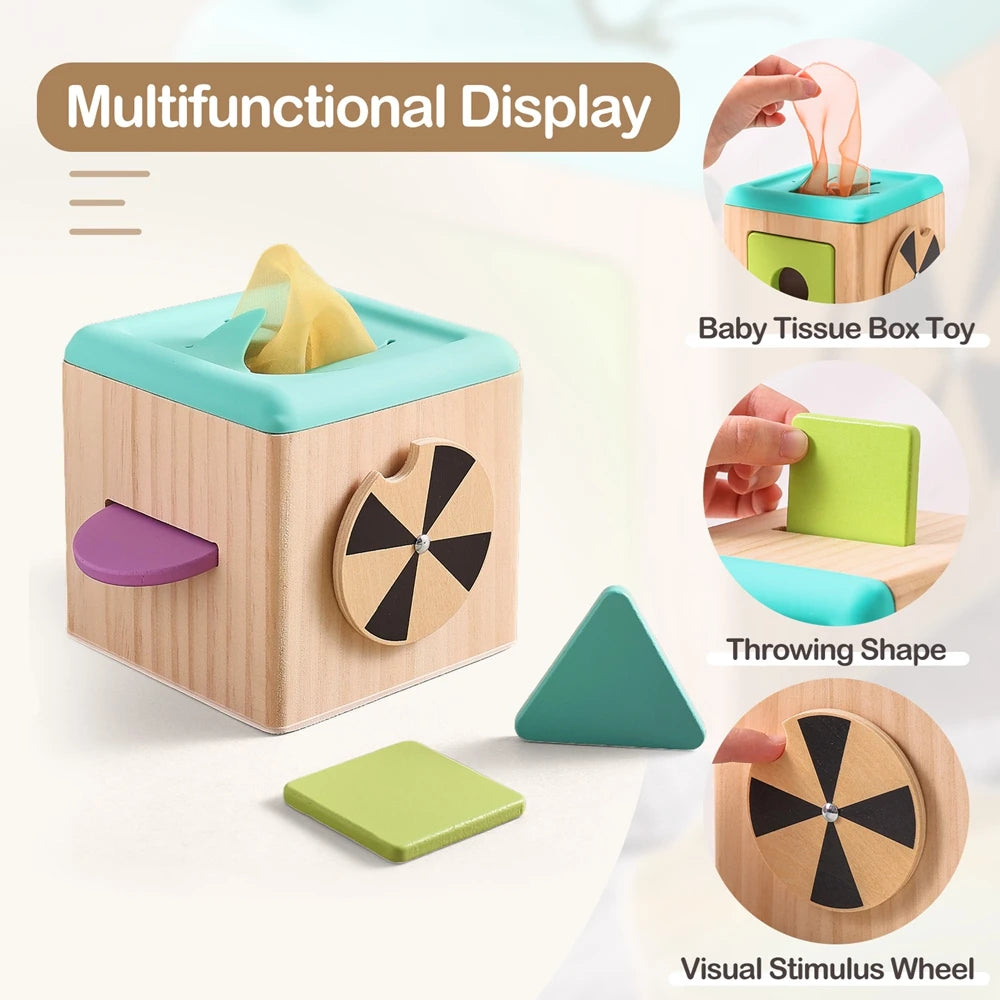 A wooden multifunctional display featuring a tissue box toy, a throwing shape, and a visual stimulus wheel for toddlers.