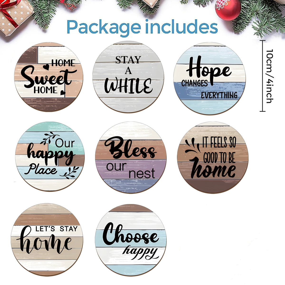 Set of 8 Decorative Wooden Coasters with English Print
