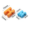 Two acrylic letter beads, one orange and one blue, shown with dimension lines for size reference.