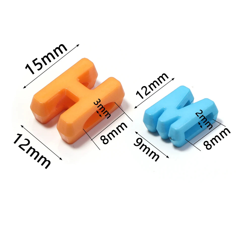 Two acrylic letter beads, one orange and one blue, shown with dimension lines for size reference.