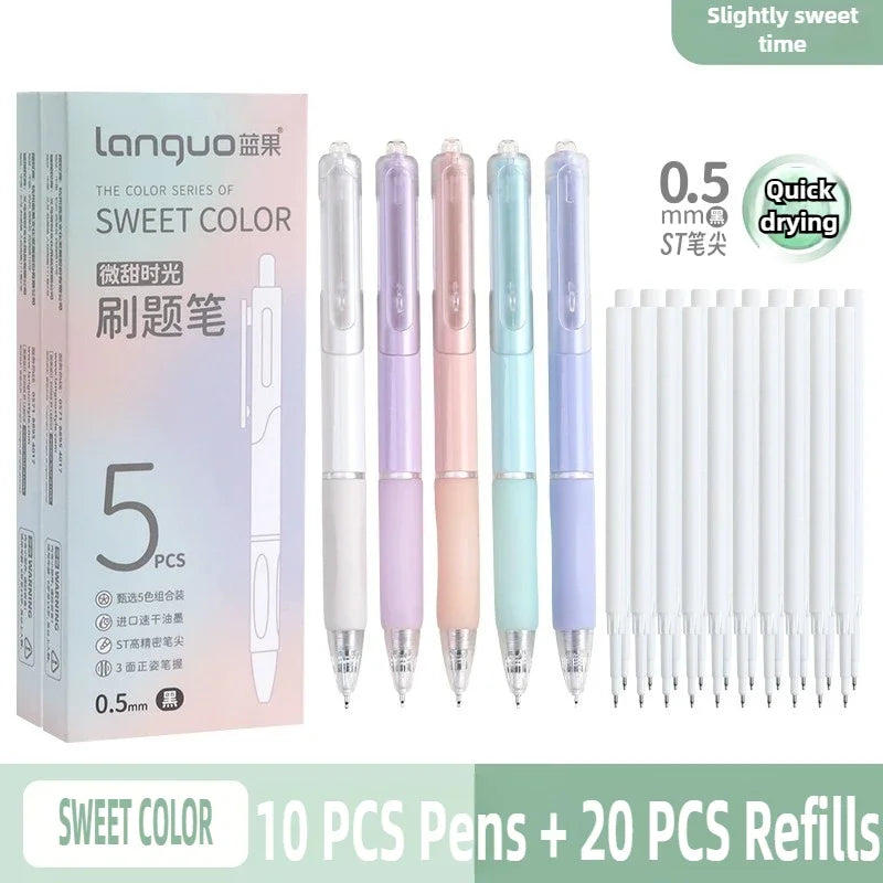 A set of 10 colored gel pens with 20 refills, featuring a smooth 0.5mm tip and quick-drying ink.
