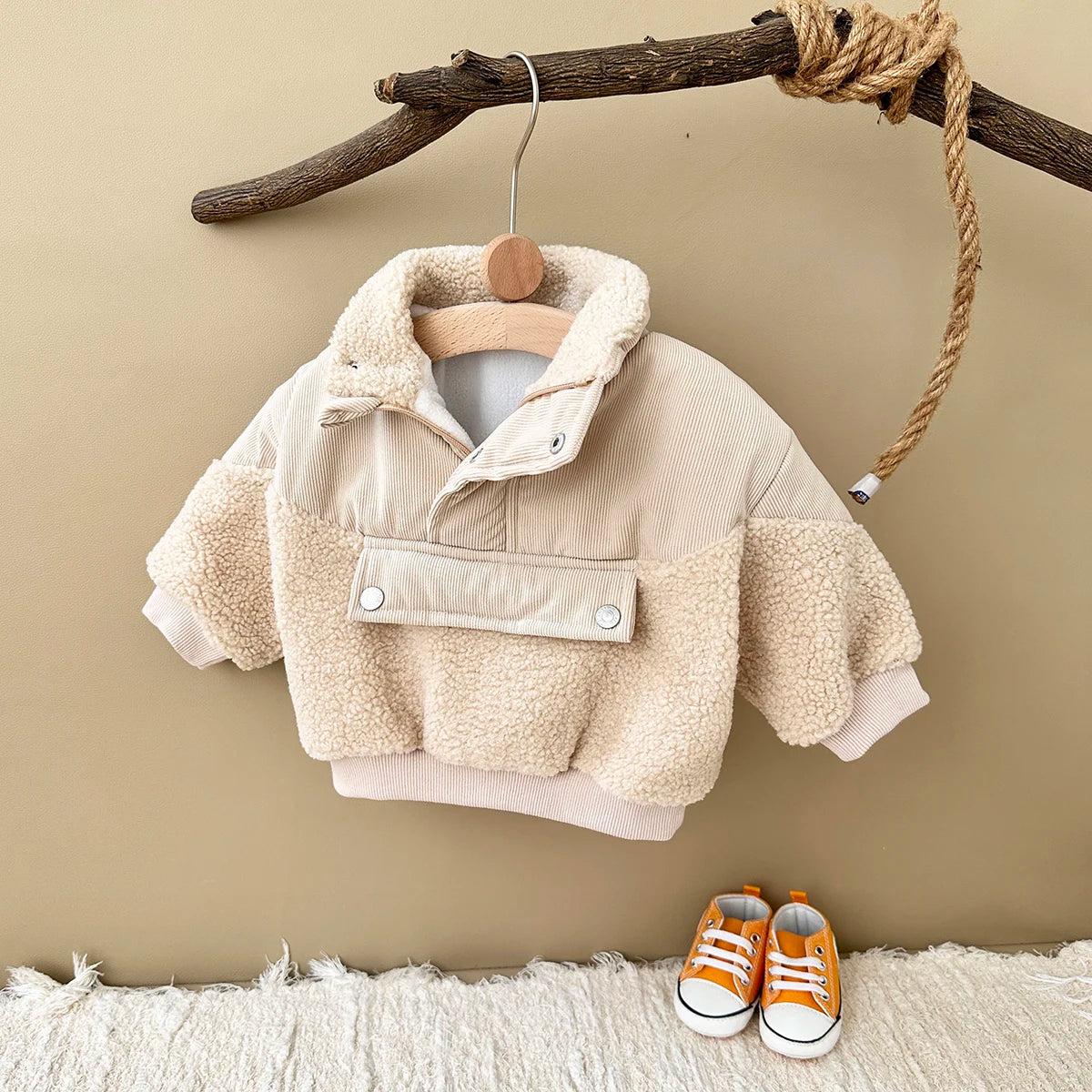 A beige toddler fleece-lined winter coat is displayed hanging on a wooden branch against a neutral background.