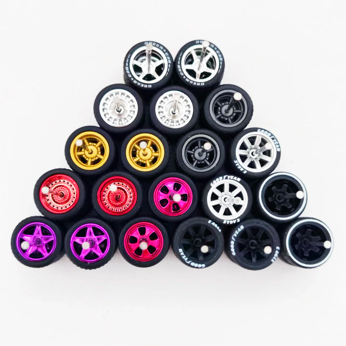 1/64 Scale Alloy Car Wheels with Rubber Tires - 10 Sets