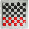 A black and white checkerboard game rug with 24 pieces set for checkers and tic tac toe