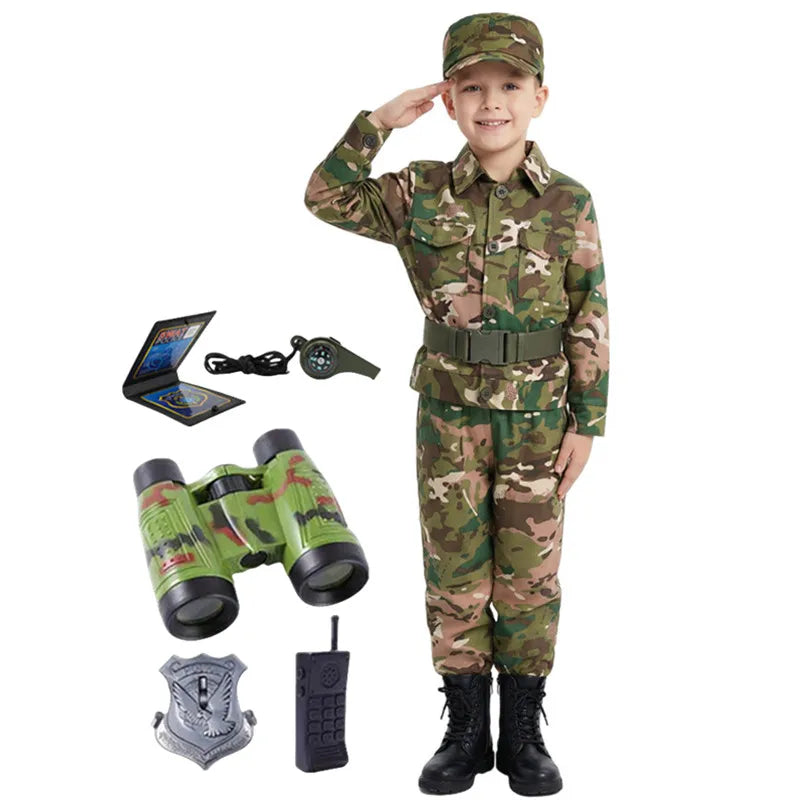 A young boy dressed in a camouflage army costume complete with accessories like a hat, belt, and binoculars.