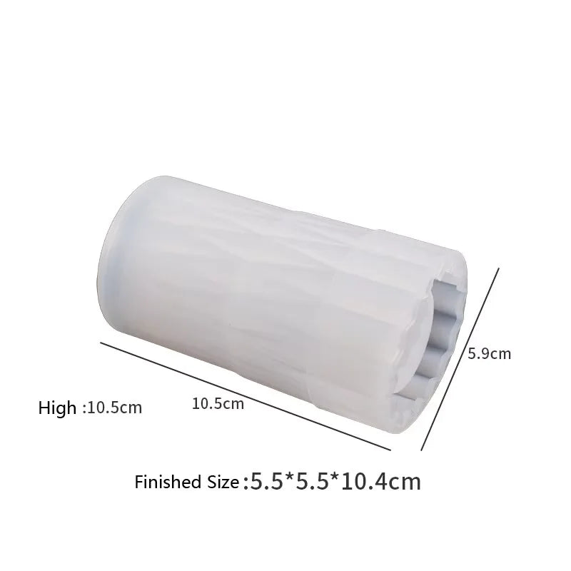 A white flexible silicone mold with dimensions 5.5x5.5x10.4cm and a height of 10.5cm.