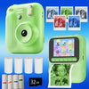 A lime green instant print camera is shown with several printed photos and film rolls.