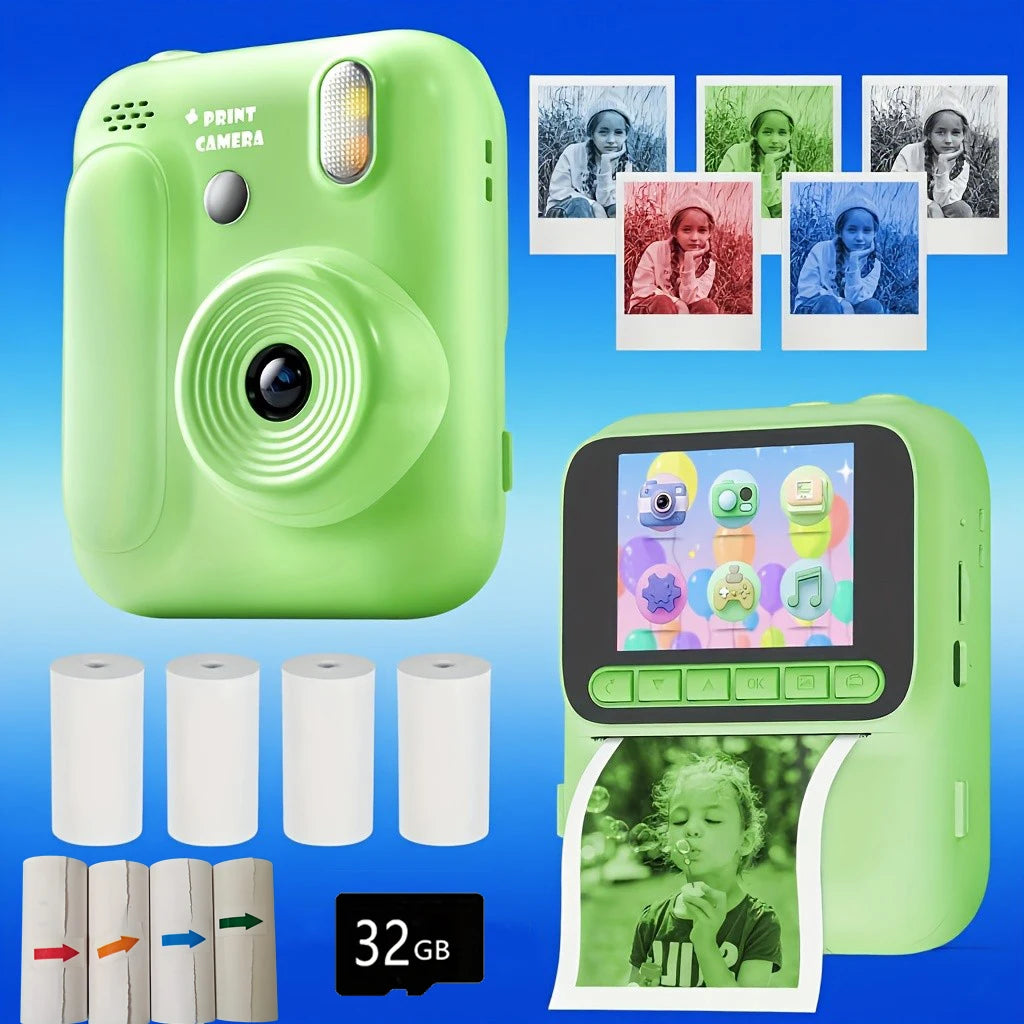 A lime green instant print camera is shown with several printed photos and film rolls.