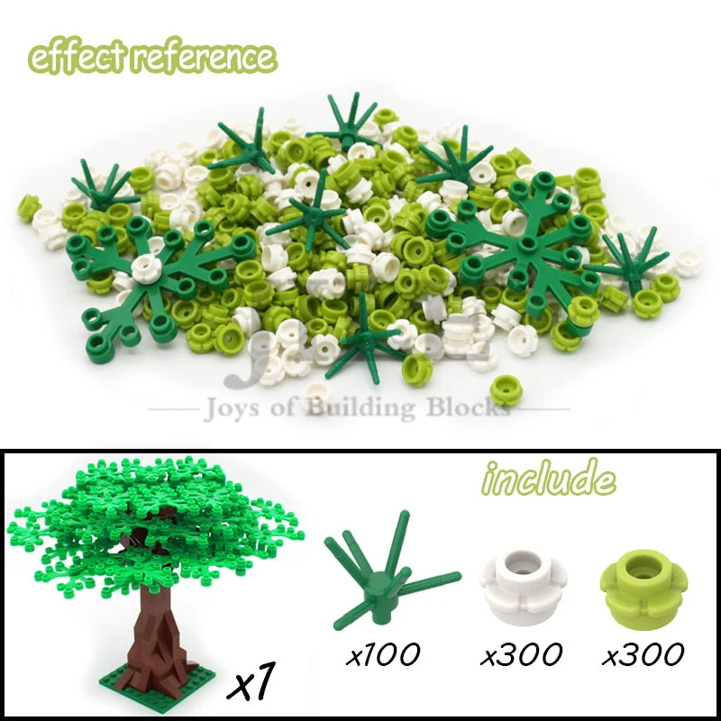 A set of green and white building blocks shaped like a cherry blossom tree, including 7 units.
