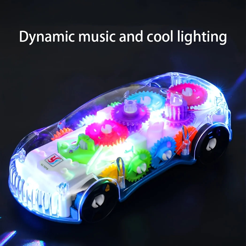 A clear stunt car filled with rotating lights and featuring dynamic music and cool lighting effects.