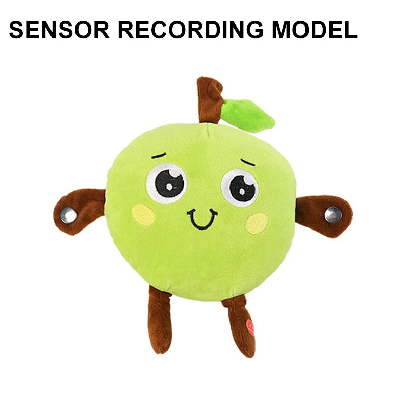 Un jouet en peluche vert doux, en forme de fruit avec des membres bruns et une feuille verte.