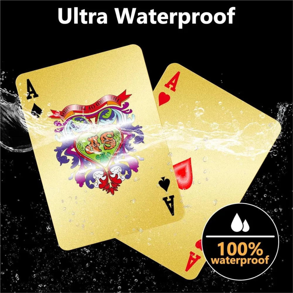 A set of gold playing cards with red aces and hearts, labeled as ultra waterproof.