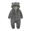 A gray baby bear fleece hooded romper with a zipper.