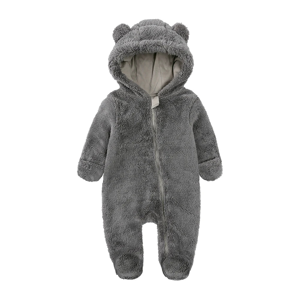 A gray baby bear fleece hooded romper with a zipper.