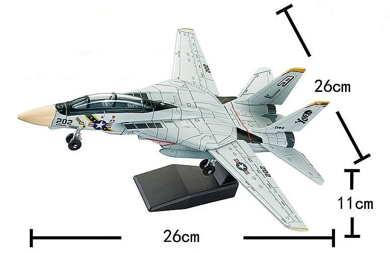 A model of a gray military fighter jet, likely an F-14 Tomcat or similar aircraft, shown in profile with dimensions marked.