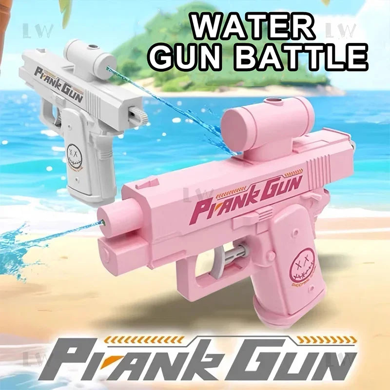 Pink prank gun water gun battle featuring two plastic guns on a sandy beach background