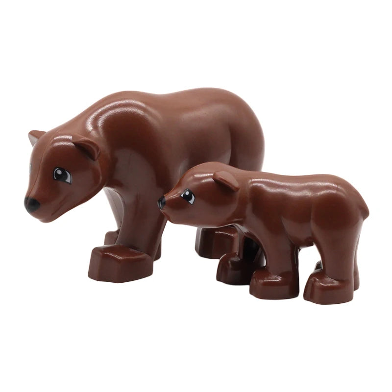 A set of brown plastic zoo animal building blocks featuring a lion, bear, tiger, elephant, and panda.