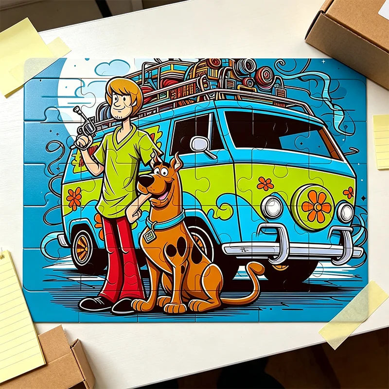 A 30-piece jigsaw puzzle featuring Scooby-Doo and Shaggy characters on a yellow van.