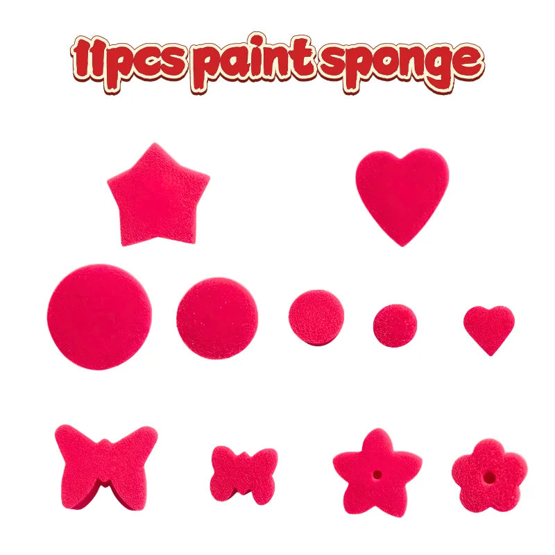 A set of eleven pink paint sponges and stamps for arts and crafts