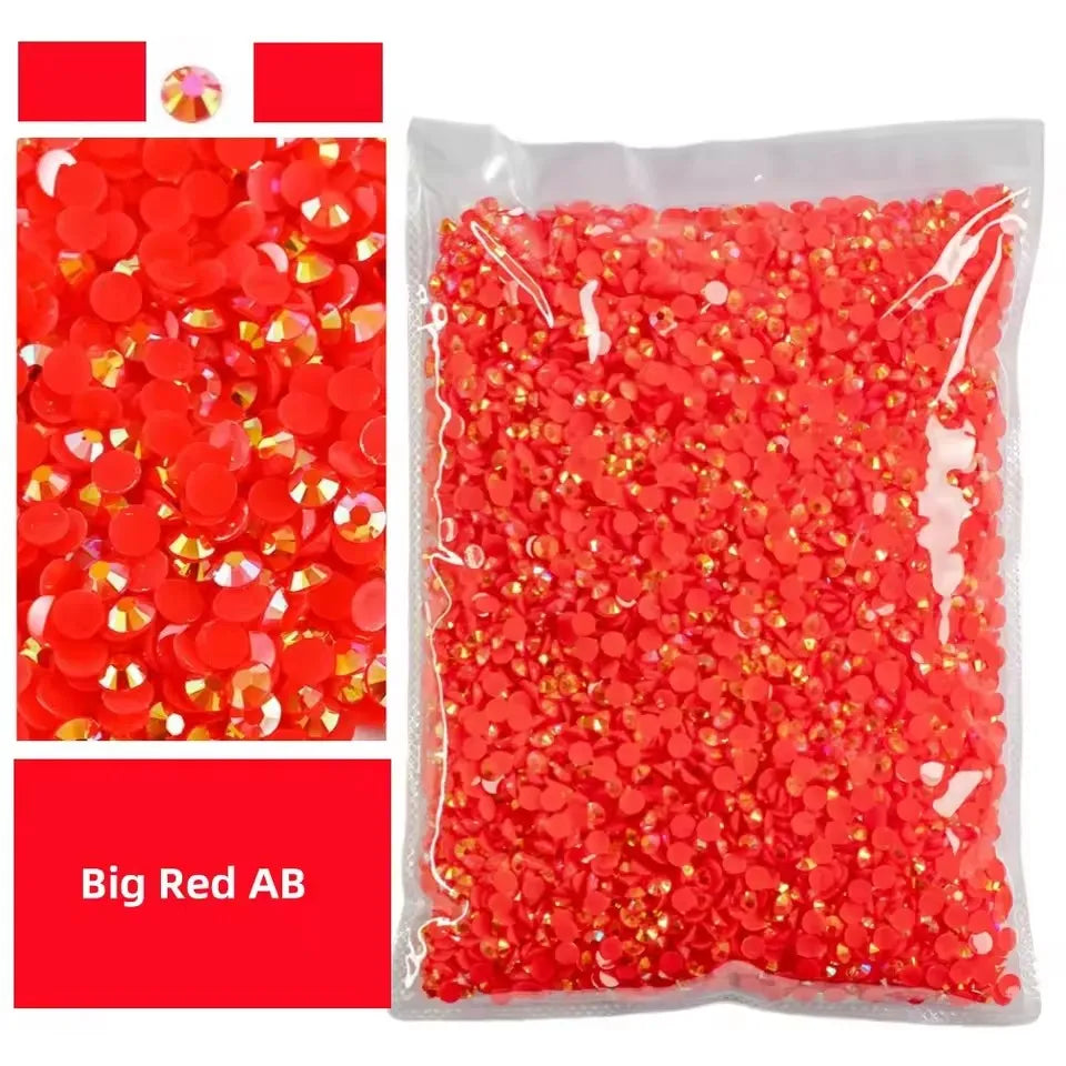 Bag of bright red AB-coated flat back resin rhinestones for crafts and DIY projects