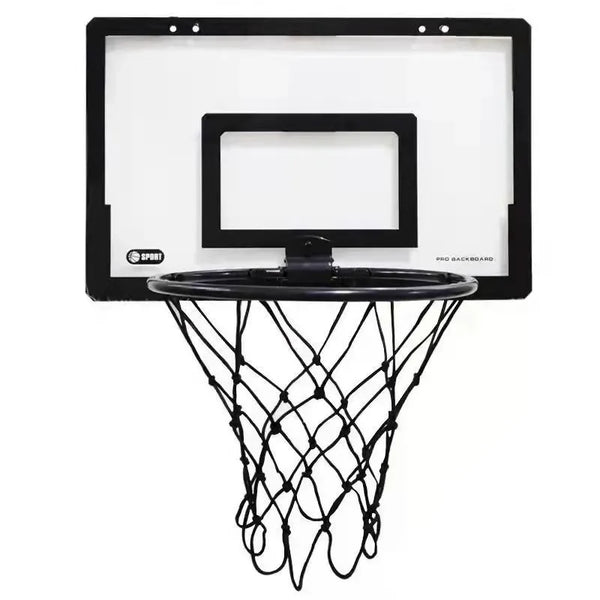 Et mini basketballkurvesæt med rektangulær bagplade og sort net.