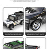 A black and white mini alloy RC car is shown with various accessories including a wear-resistant wheel, car stickers, and a t