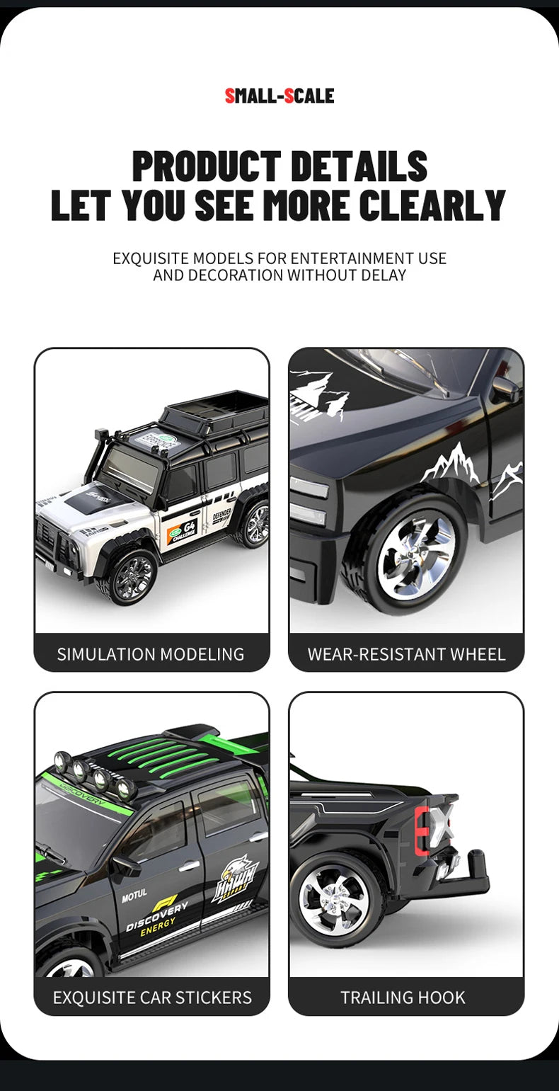 A black and white mini alloy RC car is shown with various accessories including a wear-resistant wheel, car stickers, and a t