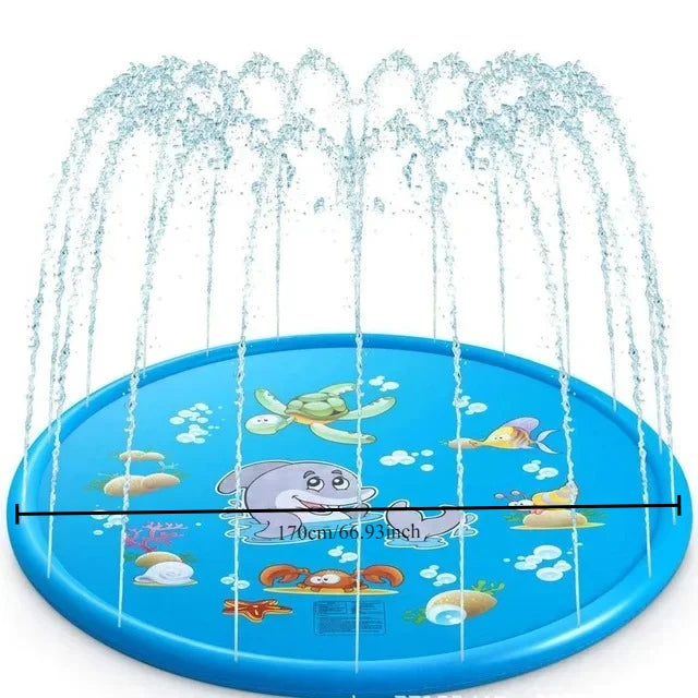 A blue inflatable sprinkler play mat with water spraying from various nozzles.