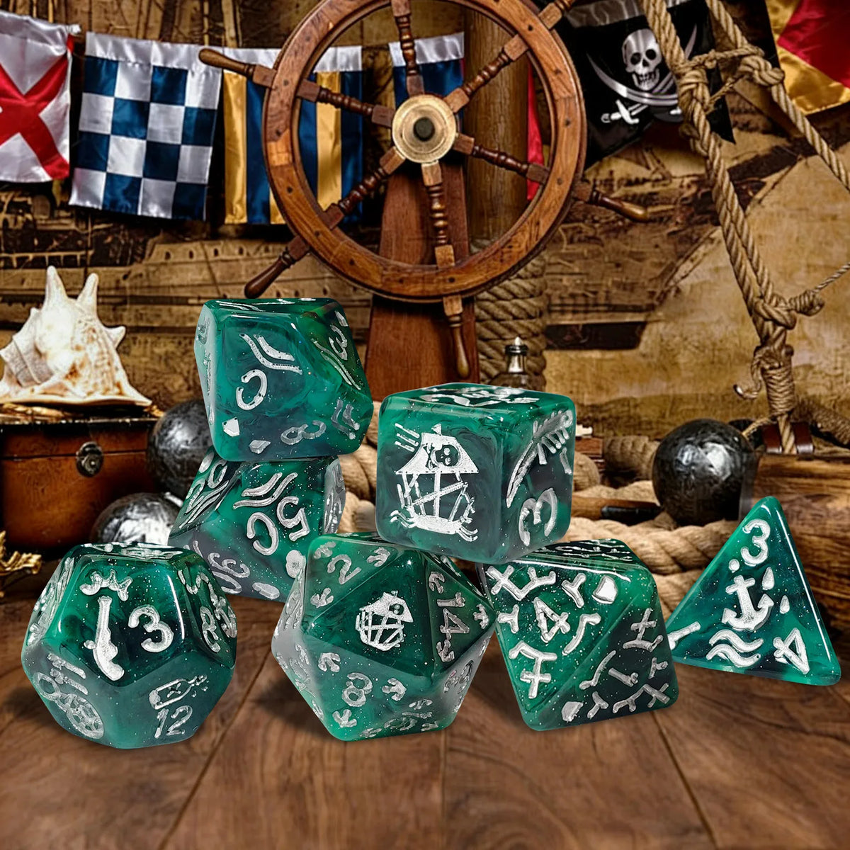A set of seven green resin polyhedral dice displayed in a pirate themed setting with nautical decor.