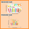 A comparison showing the received size and finished size of a colorful welcome back to school wall sticker set.