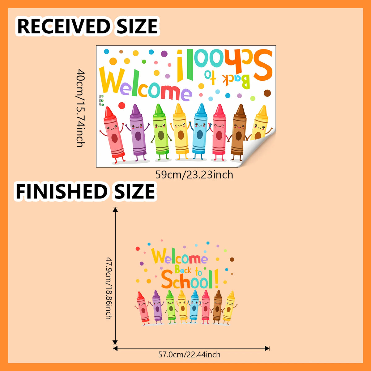 A comparison showing the received size and finished size of a colorful welcome back to school wall sticker set.