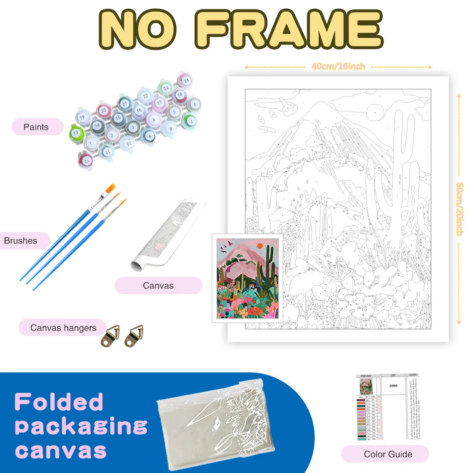 DIY paint by numbers kit showing paints brushes canvas hangers and folded packaging for a purple landscape
