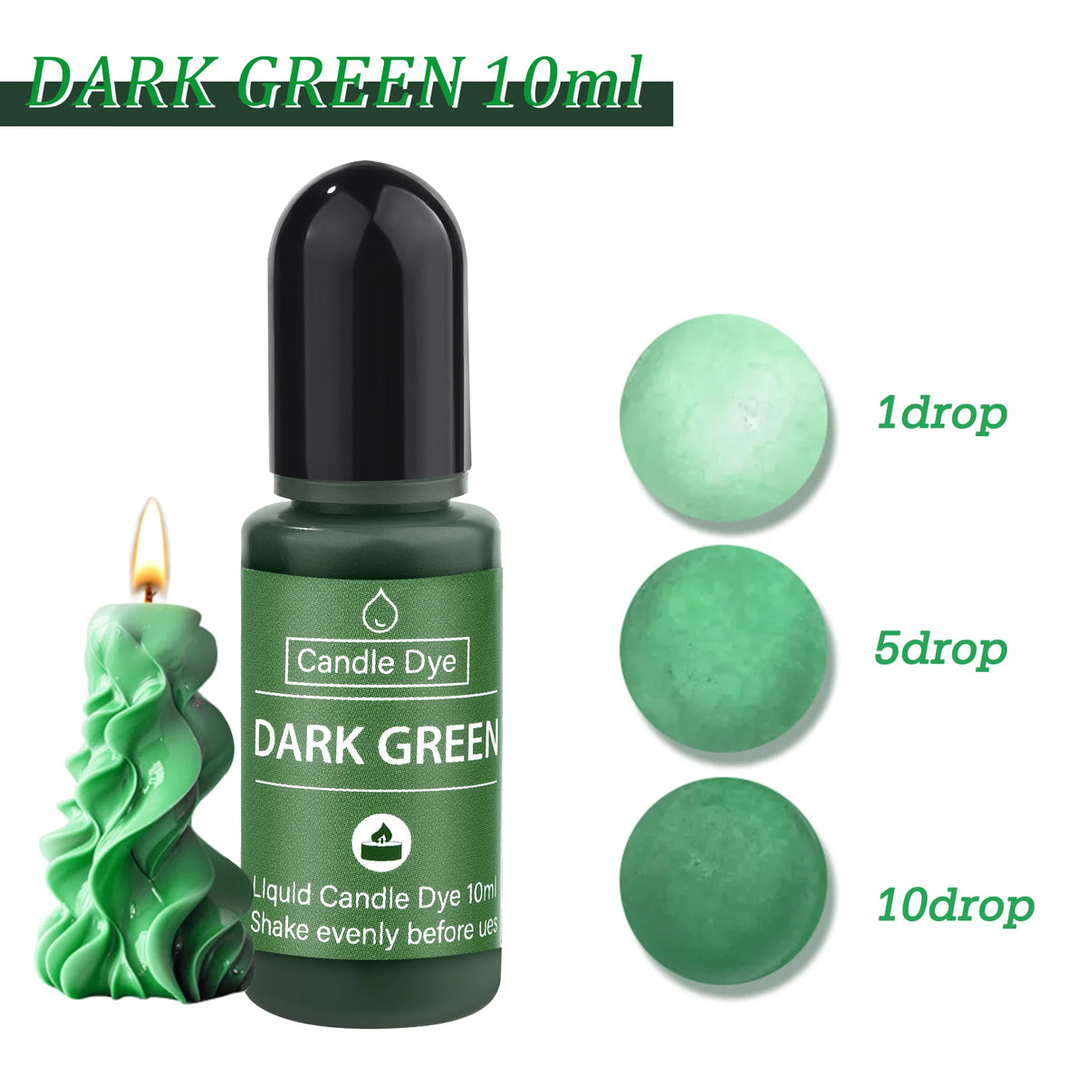 Dark green liquid candle dye in a glass bottle with dropper and circular samples showing 1, 5, and 10 drops
