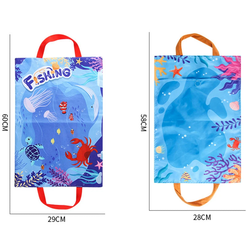 A blue fabric fishing game with colorful sea creatures and fish for toddlers.