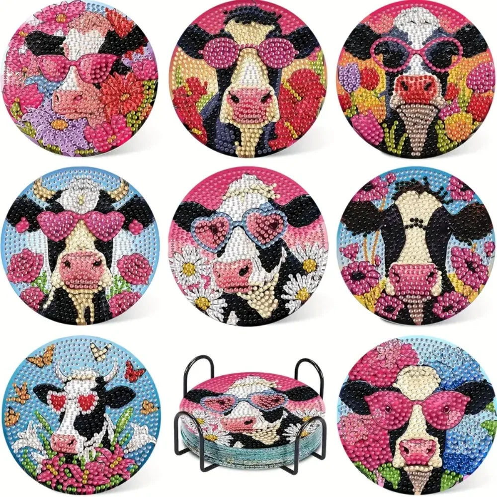 A set of DIY diamond art coasters featuring cute dog designs with metal holders.