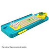 A mini frog bowling game set featuring a wooden lane, yellow bowling pins, and a green frog mascot.