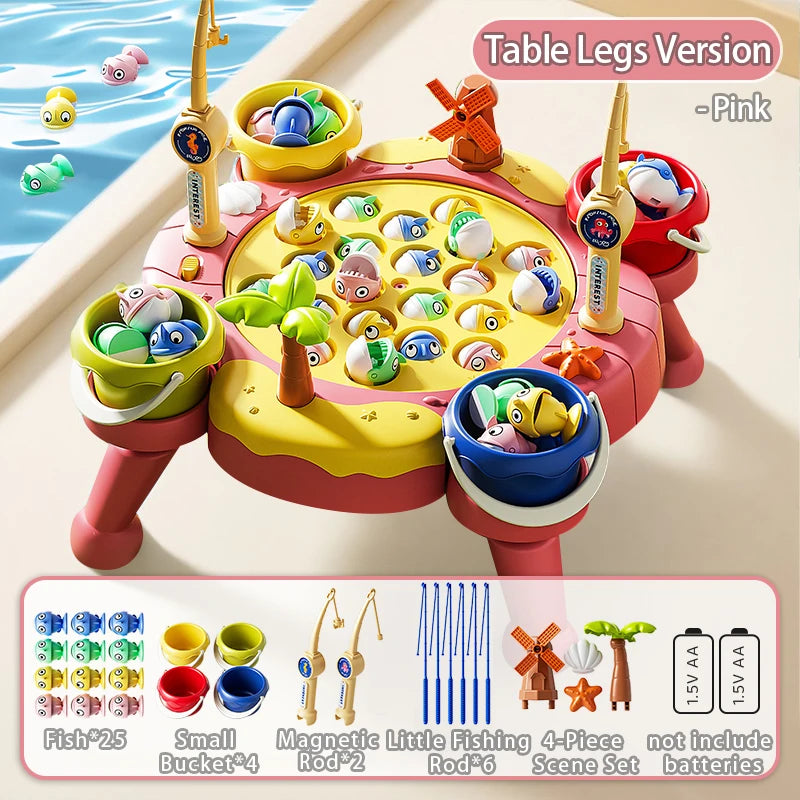 Pink table legs version of a magnetic fishing game set with various fish and accessories