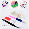 A set of metal tweezers and a diamond painting kit featuring colorful rhinestones and tools for crafting.
