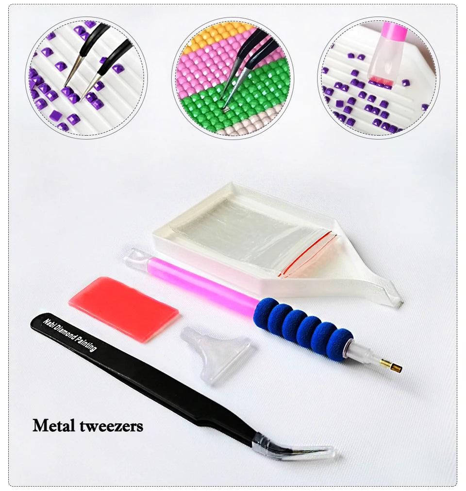A set of metal tweezers and a diamond painting kit featuring colorful rhinestones and tools for crafting.