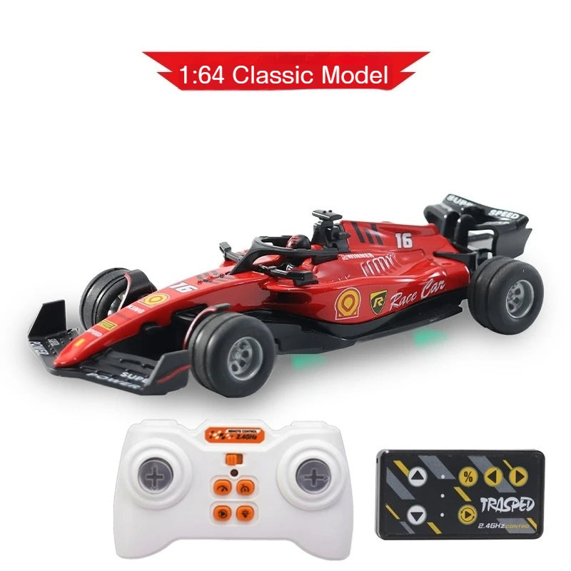 A red 1:64 classic model F1 remote control race car with an accompanying controller and app