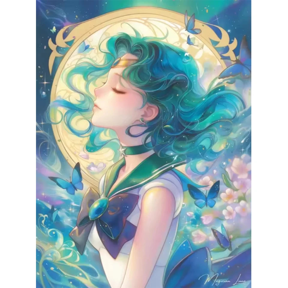 A digital painting of a young woman with teal hair surrounded by glowing light and butterflies.