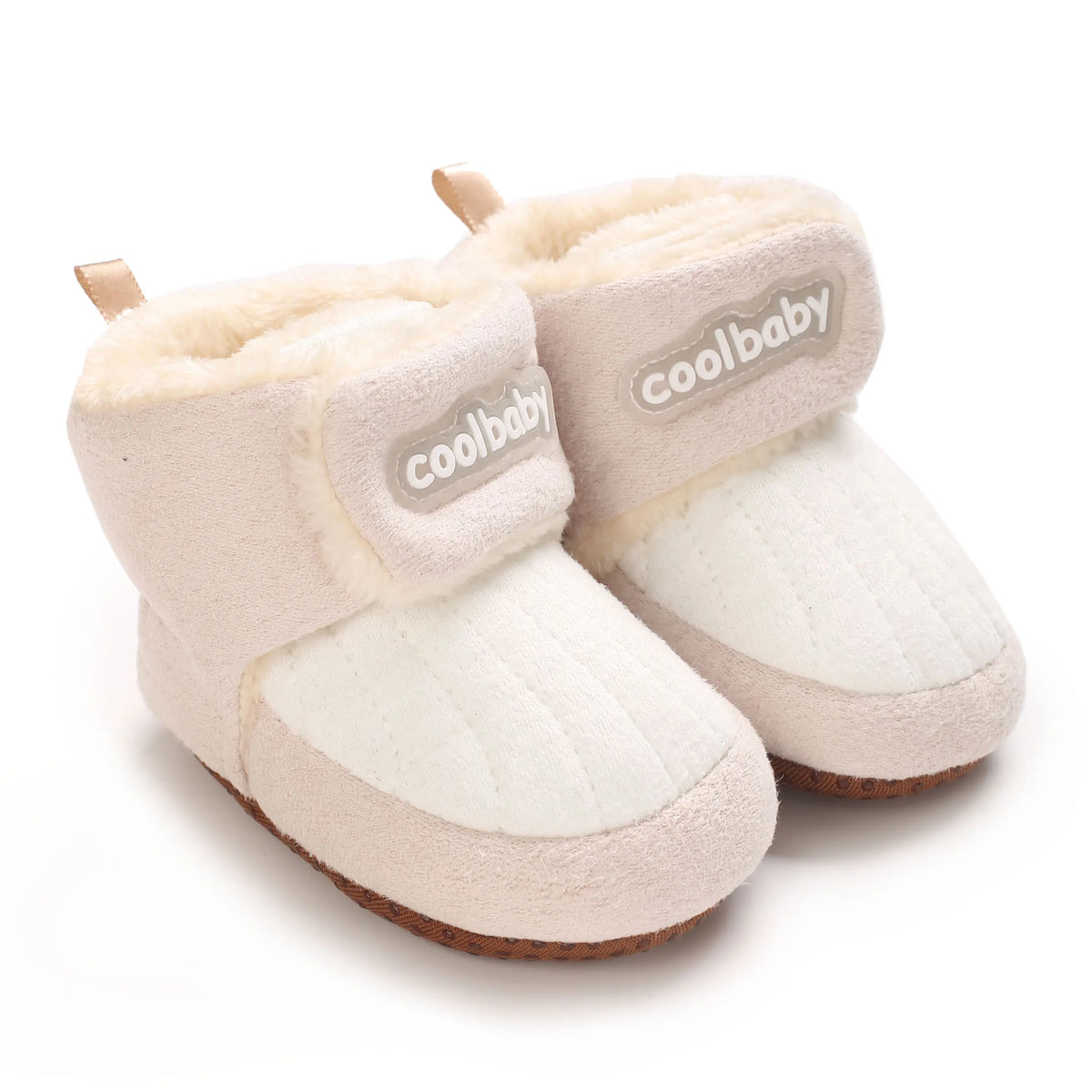 Pair of light pink baby winter cartoon boots with fluffy trim and non-slip soles