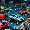 A hand holds a remote control for a 1:64 scale off-road car, with several miniature RC cars visible in the background.