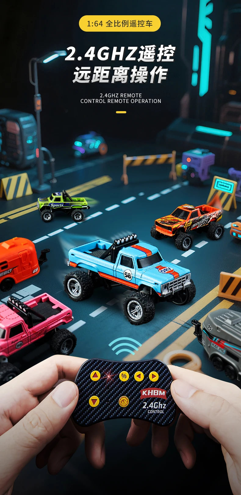 A hand holds a remote control for a 1:64 scale off-road car, with several miniature RC cars visible in the background.