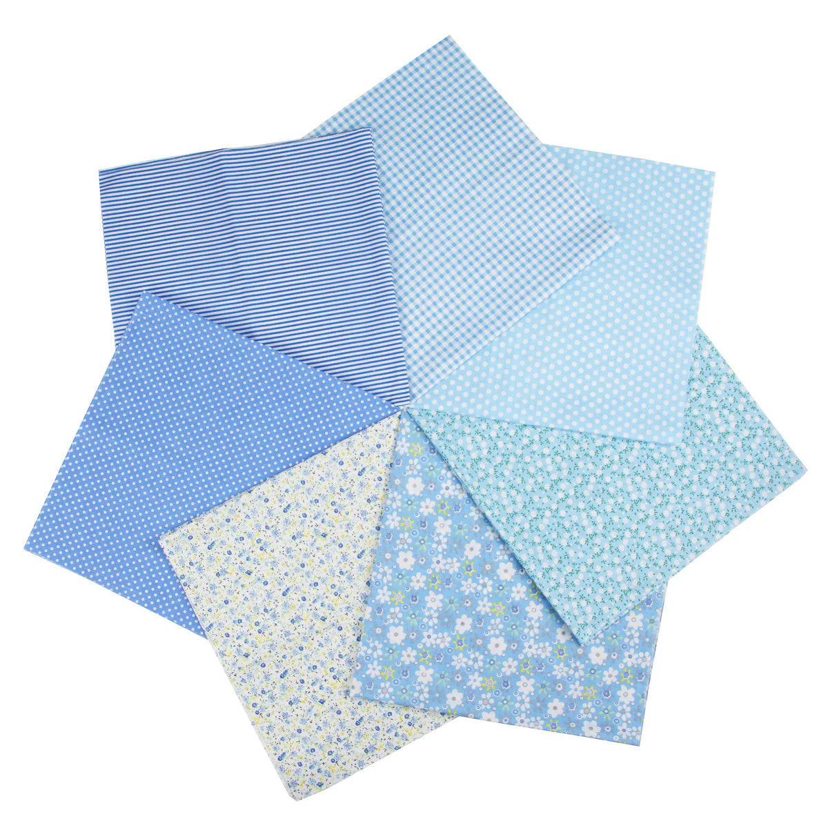 A stack of seven light blue and white patterned cotton fabric squares for quilting and patchwork.